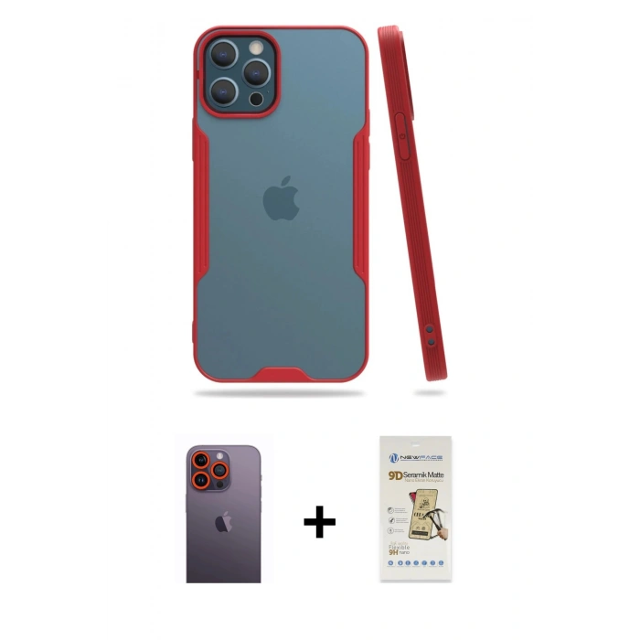 MARSİLYAN™- iPhone 12 Pro Max Kılıf Atlas Asil Serisi - Siyah Mat Seramik Nano Ekran Koruyucu + Neon Fosforlu Kamera Lens - TU