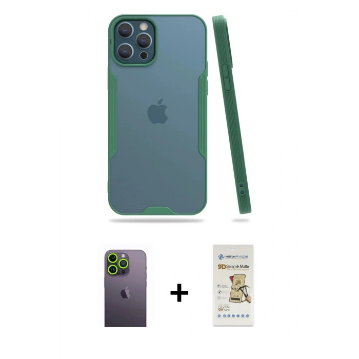 MARSİLYAN™- iPhone 12 Pro Max Kılıf Atlas Asil Serisi - Siyah Mat Seramik Nano Ekran Koruyucu + Neon Fosforlu Kamera Lens - YL