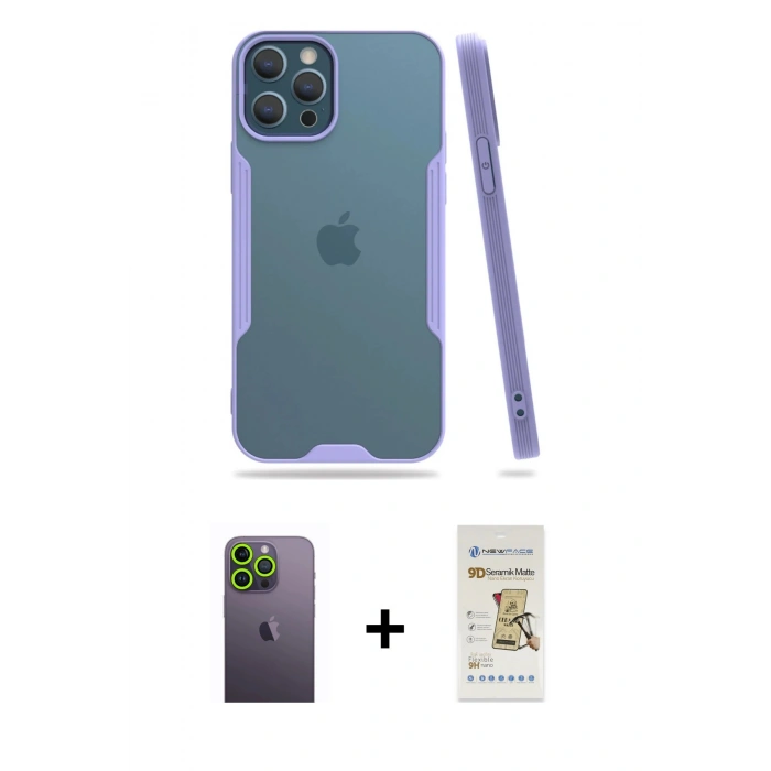 MARSİLYAN™- iPhone 12 Pro Max Kılıf Atlas Asil Serisi - Siyah Mat Seramik Nano Ekran Koruyucu + Neon Fosforlu Kamera Lens - YL