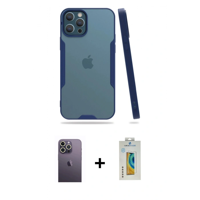 MARSİLYAN™- iPhone 12 Pro Max Kılıf Atlas Asil Serisi - Siyah Polymer Nano Ekran Koruyucu + Neon Fosforlu Kamera Lens - BZ