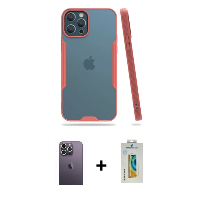 MARSİLYAN™- iPhone 12 Pro Max Kılıf Atlas Asil Serisi - Siyah Polymer Nano Ekran Koruyucu + Neon Fosforlu Kamera Lens - BZ