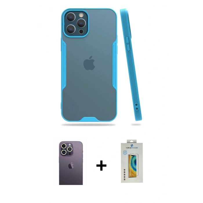 MARSİLYAN™- iPhone 12 Pro Max Kılıf Atlas Asil Serisi - Siyah Polymer Nano Ekran Koruyucu + Neon Fosforlu Kamera Lens - BZ