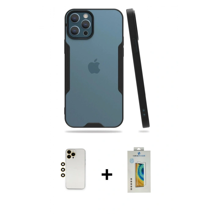 MARSİLYAN™- iPhone 12 Pro Max Kılıf Atlas Asil Serisi - Siyah Polymer Nano Ekran Koruyucu + Shine Kamera Lens - GD
