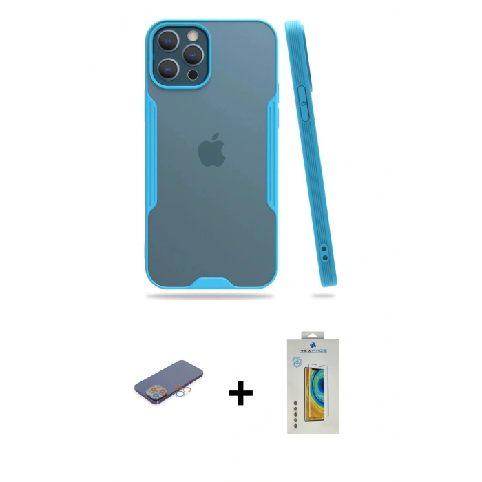 MARSİLYAN™- iPhone 12 Pro Max Kılıf Atlas Asil Serisi - Siyah Polymer Nano Ekran Koruyucu + Renkli Kamera Lens Koruma Cam - PE