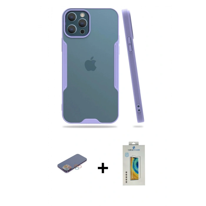 MARSİLYAN™- iPhone 12 Pro Max Kılıf Atlas Asil Serisi - Siyah Polymer Nano Ekran Koruyucu + Renkli Kamera Lens Koruma Cam - PE