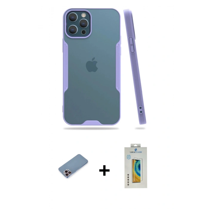 MARSİLYAN™- iPhone 12 Pro Max Kılıf Atlas Asil Serisi - Siyah Polymer Nano Ekran Koruyucu + Shine Kamera Lens Koruma Cam - PE