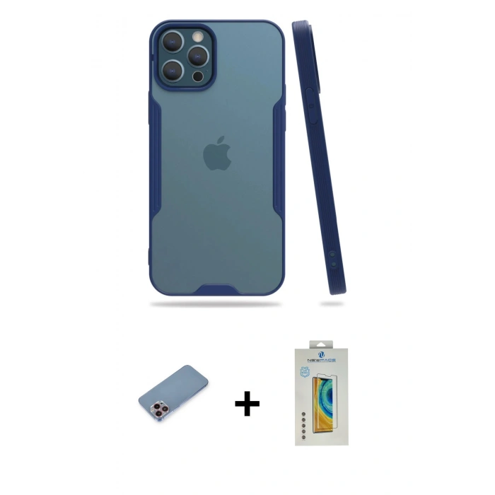 MARSİLYAN™- iPhone 12 Pro Max Kılıf Atlas Asil Serisi - Siyah Polymer Nano Ekran Koruyucu + Shine Kamera Lens Koruma Cam - PE