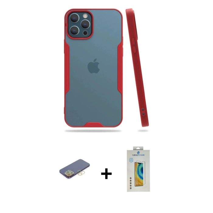 MARSİLYAN™- iPhone 12 Pro Max Kılıf Atlas Asil Serisi - Siyah Polymer Nano Ekran Koruyucu + Renkli Kamera Lens Koruma Cam - SI