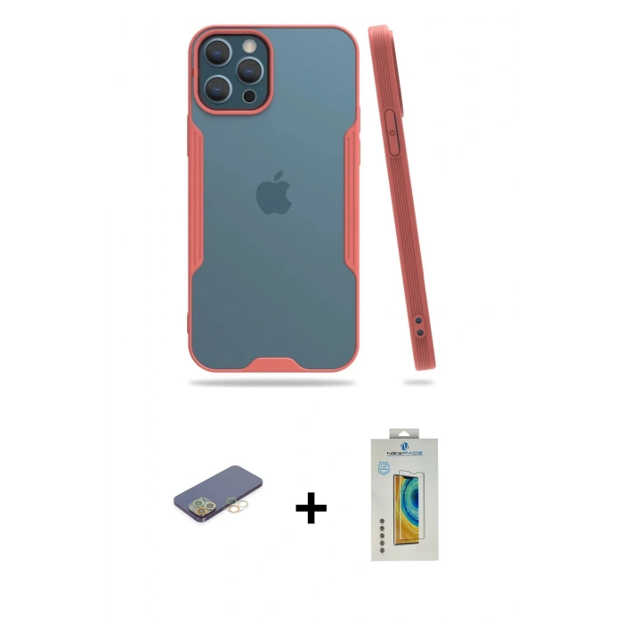 MARSİLYAN™- iPhone 12 Pro Max Kılıf Atlas Asil Serisi - Siyah Polymer Nano Ekran Koruyucu + Renkli Kamera Lens Koruma Cam - SI