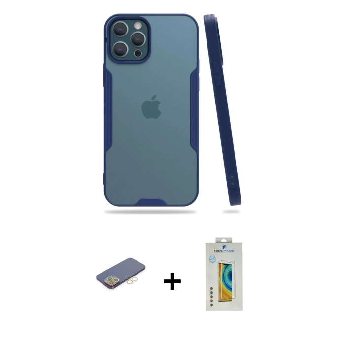 MARSİLYAN™- iPhone 12 Pro Max Kılıf Atlas Asil Serisi - Siyah Polymer Nano Ekran Koruyucu + Renkli Kamera Lens Koruma Cam - SI