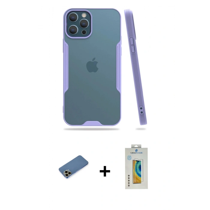 MARSİLYAN™- iPhone 12 Pro Max Kılıf Atlas Asil Serisi - Siyah Polymer Nano Ekran Koruyucu + Shine Kamera Lens Koruma Cam - GD