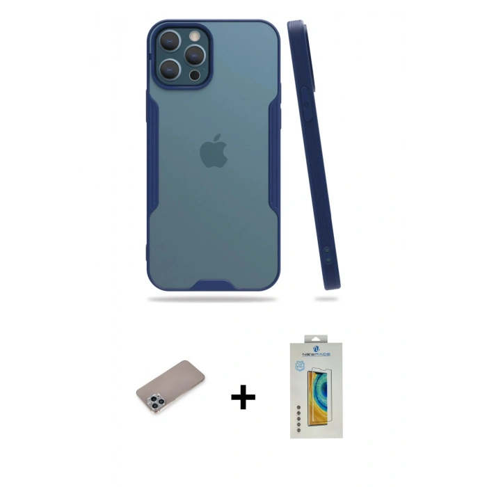 MARSİLYAN™- iPhone 12 Pro Max Kılıf Atlas Asil Serisi - Siyah Polymer Nano Ekran Koruyucu + Shine Kamera Lens Koruma Cam - SABE