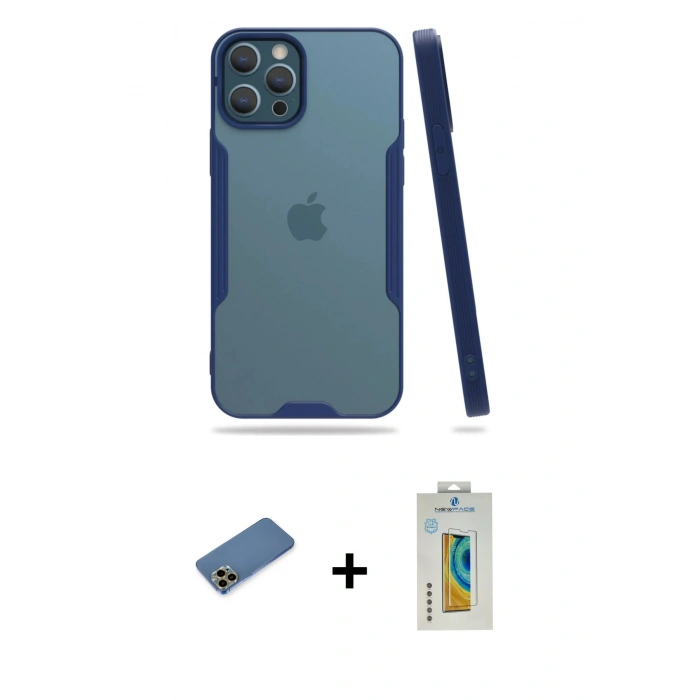MARSİLYAN™- iPhone 12 Pro Max Kılıf Atlas Asil Serisi - Siyah Polymer Nano Ekran Koruyucu + Shine Kamera Lens Koruma Cam - GD