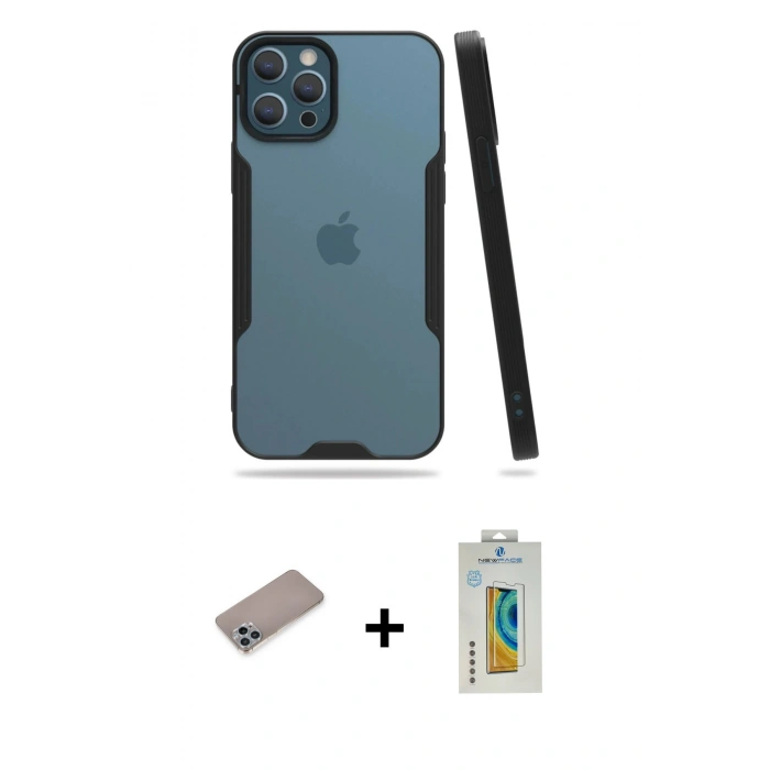 MARSİLYAN™- iPhone 12 Pro Max Kılıf Atlas Asil Serisi - Siyah Polymer Nano Ekran Koruyucu + Shine Kamera Lens Koruma Cam - SABE