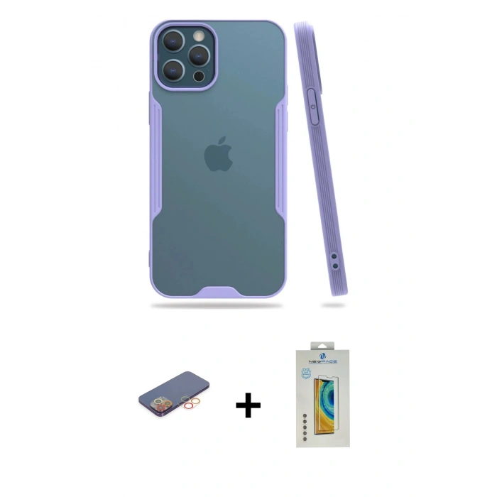 MARSİLYAN™- iPhone 12 Pro Max Kılıf Atlas Asil Serisi - Siyah Polymer Nano Ekran Koruyucu + Renkli Kamera Lens Koruma Cam - TU