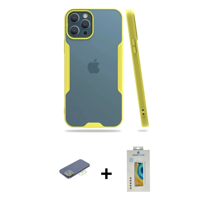 MARSİLYAN™- iPhone 12 Pro Max Kılıf Atlas Asil Serisi - Siyah Polymer Nano Ekran Koruyucu + Renkli Kamera Lens Koruma Cam - YL