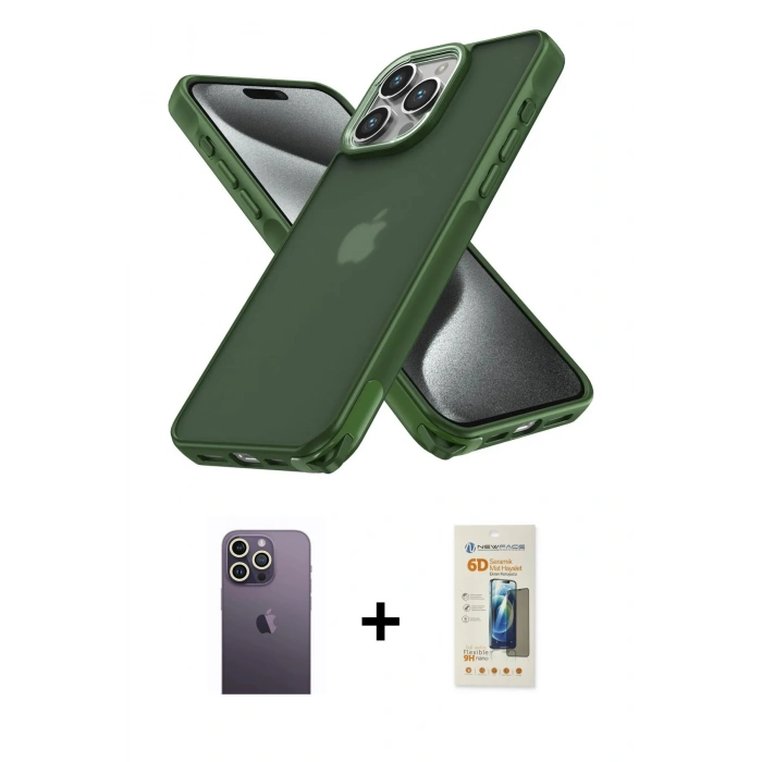 MARSİLYAN™- iPhone 12 Pro Max Kılıf Atlas Form - Siyah 6D Mat Seramik Hayalet Nano Ekran Koruyucu + Beyaz Neon Fosforlu Kamera Lens
