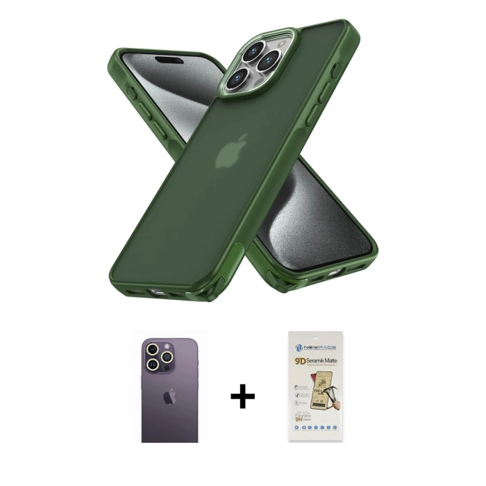 MARSİLYAN™- iPhone 12 Pro Max Kılıf Atlas Form - Siyah Mat Seramik Nano Ekran Koruyucu + Neon Fosforlu Kamera Lens - BZ