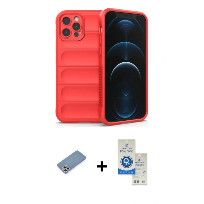 MARSİLYAN™- iPhone 12 Pro Max Kılıf Atlas Koleksiyonu - Şeffaf Royal Nano Ekran Koruyucu + Shine Kamera Lens Koruma Cam - GS