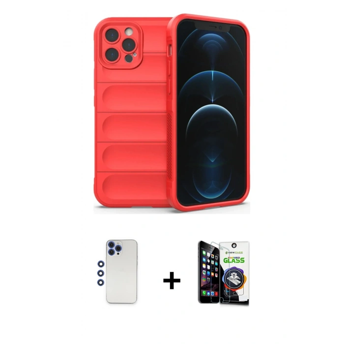 MARSİLYAN™- iPhone 12 Pro Max Kılıf Atlas Koleksiyonu - Şeffaf Temperli Cam Ekran Koruyucu + Shine Kamera Lens - LT