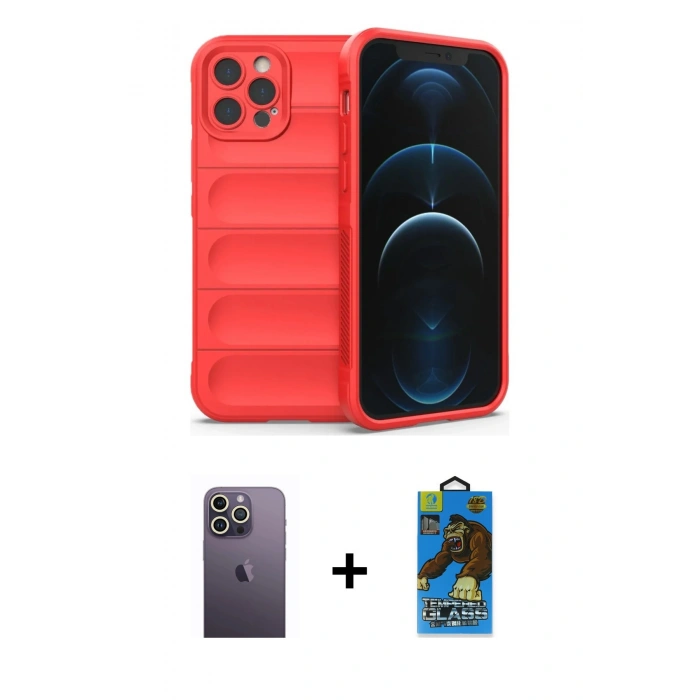 MARSİLYAN™- iPhone 12 Pro Max Kılıf Atlas Koleksiyonu - Siyah 18D Cam Ekran Koruyucu + Neon Fosforlu Kamera Lens - BZ