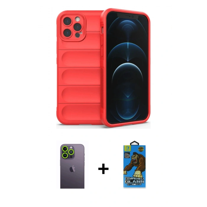MARSİLYAN™- iPhone 12 Pro Max Kılıf Atlas Koleksiyonu - Siyah 18D Cam Ekran Koruyucu + Neon Fosforlu Kamera Lens - YL