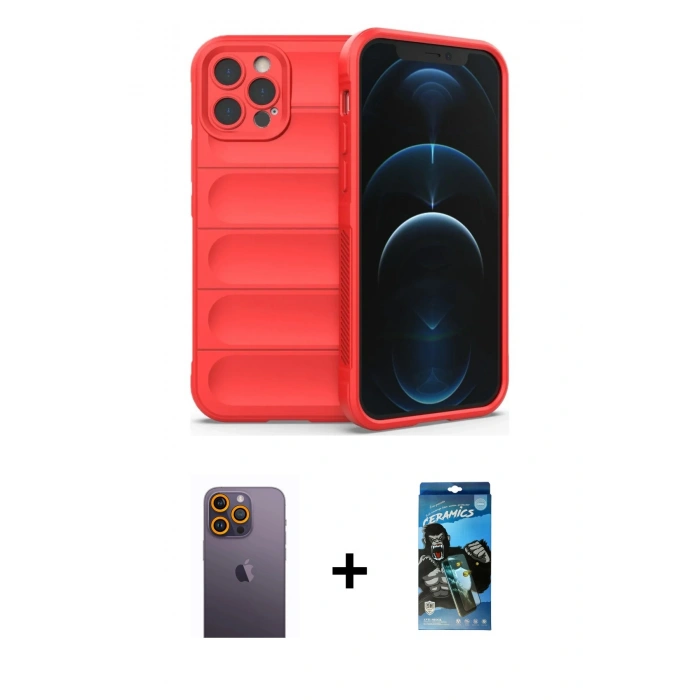 MARSİLYAN™- iPhone 12 Pro Max Kılıf Atlas Koleksiyonu - Siyah 34D Izgaralı Cam + Neon Fosforlu Kamera Lens - SI