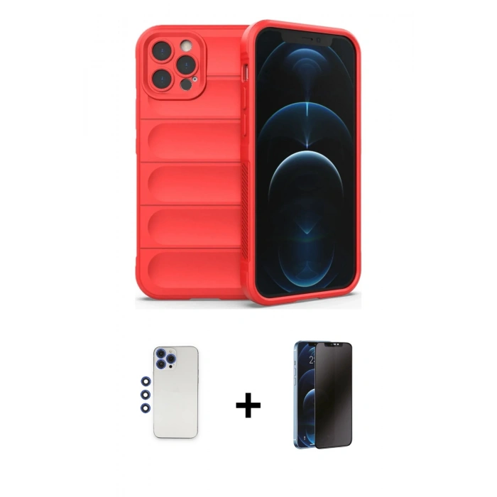 MARSİLYAN™- iPhone 12 Pro Max Kılıf Atlas Koleksiyonu - Siyah 3D Antistatik Hayalet Cam Ekran Koruyucu + Shine Kamera Lens - LT