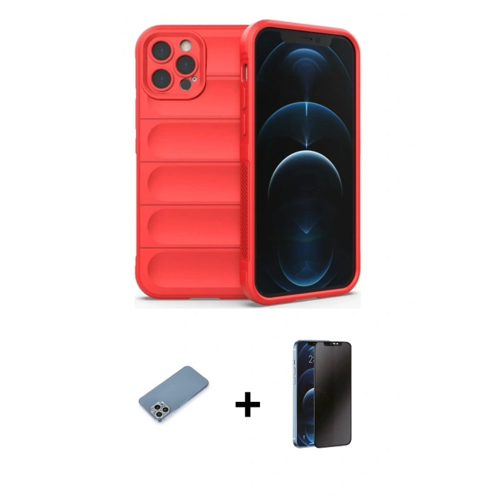MARSİLYAN™- iPhone 12 Pro Max Kılıf Atlas Koleksiyonu - Siyah 3D Antistatik Hayalet Cam Ekran Koruyucu + Shine Kamera Lens Koruma Cam - GS