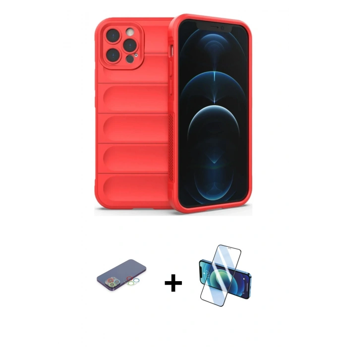 MARSİLYAN™- iPhone 12 Pro Max Kılıf Atlas Koleksiyonu - Siyah 3D Antistatik Seramik Nano Ekran Koruyucu + Renkli Kamera Lens Koruma Cam - MI