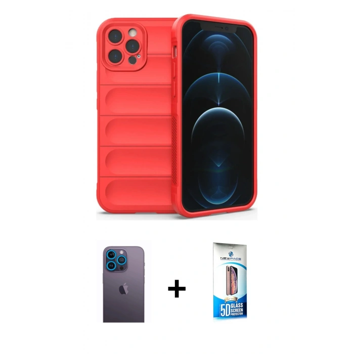 MARSİLYAN™- iPhone 12 Pro Max Kılıf Atlas Koleksiyonu - Siyah 5D Eko Cam Ekran Koruyucu + Neon Fosforlu Kamera Lens - MI