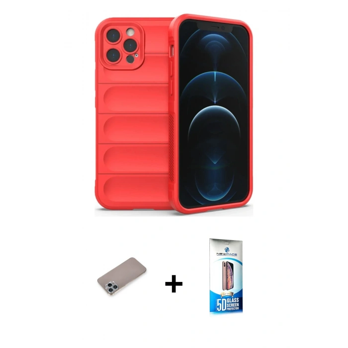 MARSİLYAN™- iPhone 12 Pro Max Kılıf Atlas Koleksiyonu - Siyah 5D Eko Cam Ekran Koruyucu + Shine Kamera Lens Koruma Cam - SABE