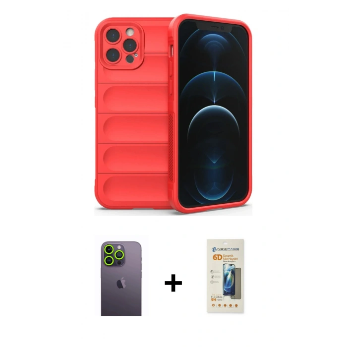 MARSİLYAN™- iPhone 12 Pro Max Kılıf Atlas Koleksiyonu - Siyah 6D Mat Seramik Hayalet Nano Ekran Koruyucu + Neon Fosforlu Kamera Lens - YL