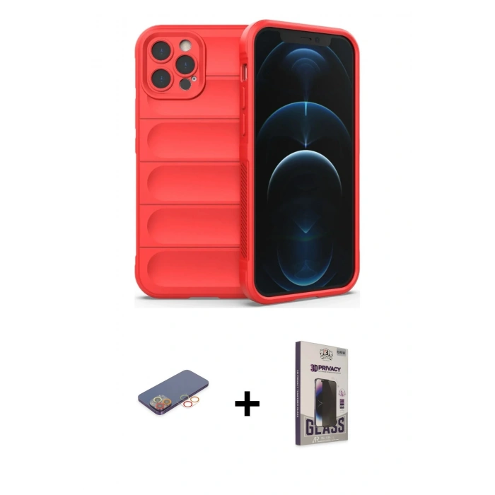 MARSİLYAN™- iPhone 12 Pro Max Kılıf Atlas Koleksiyonu - Siyah Bilvis Hayalet Cam Ekran Koruyucu + Renkli Kamera Lens Koruma Cam - TU