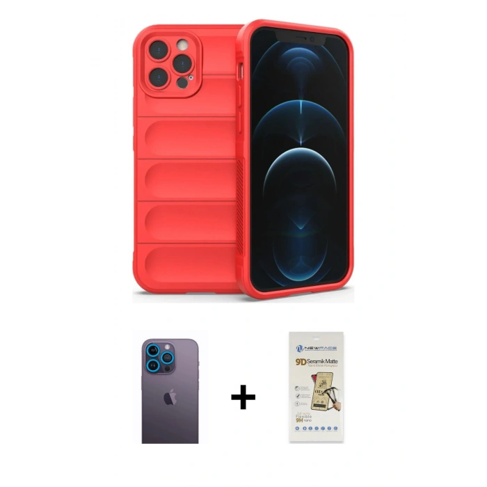 MARSİLYAN™- iPhone 12 Pro Max Kılıf Atlas Koleksiyonu - Siyah Mat Seramik Nano Ekran Koruyucu + Neon Fosforlu Kamera Lens - MI
