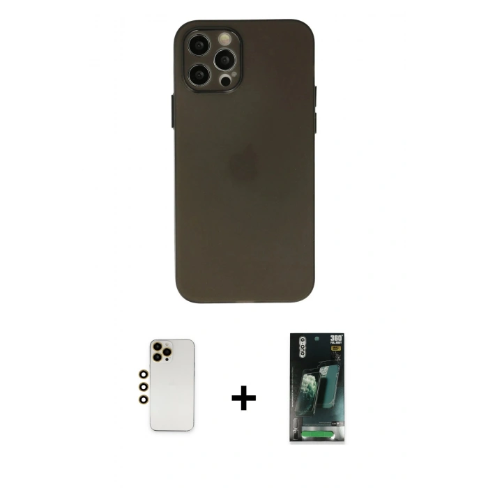 MARSİLYAN™- iPhone 12 Pro Max Kılıf Atlas Minimal Prime - Şeffaf 360 Full Body Arka Koruyucu + Shine Kamera Lens - GD