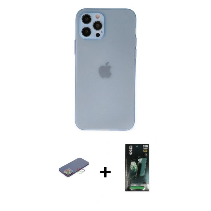 MARSİLYAN™- iPhone 12 Pro Max Kılıf Atlas Minimal Prime - Şeffaf 360 Full Body Arka Koruyucu + Renkli Kamera Lens Koruma Cam - MI