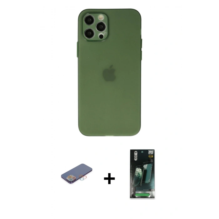 MARSİLYAN™- iPhone 12 Pro Max Kılıf Atlas Minimal Prime - Şeffaf 360 Full Body Arka Koruyucu + Renkli Kamera Lens Koruma Cam - PE