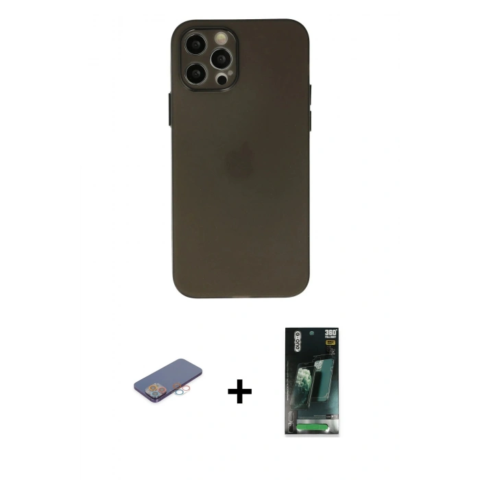 MARSİLYAN™- iPhone 12 Pro Max Kılıf Atlas Minimal Prime - Şeffaf 360 Full Body Arka Koruyucu + Renkli Kamera Lens Koruma Cam - PE