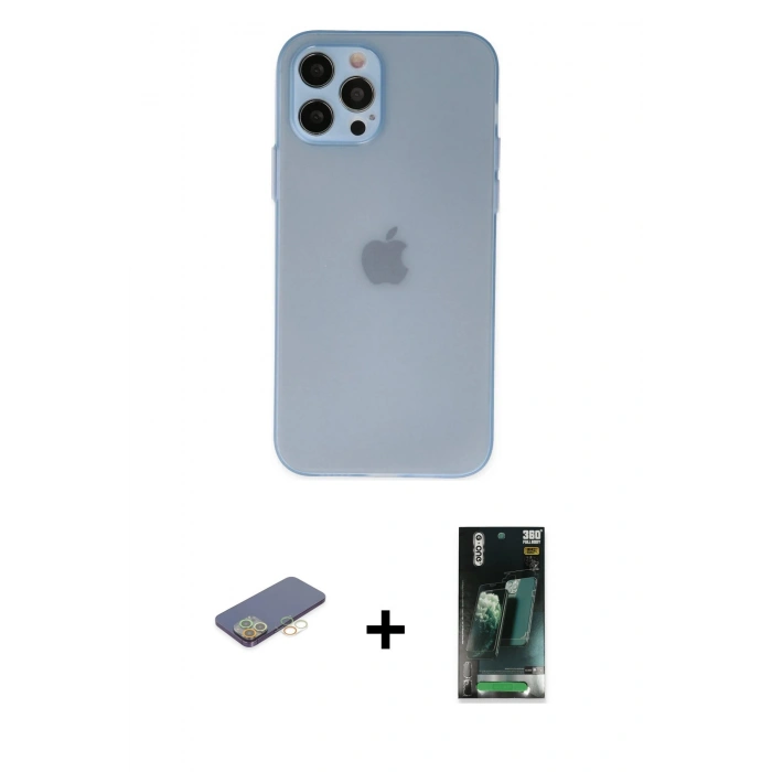 MARSİLYAN™- iPhone 12 Pro Max Kılıf Atlas Minimal Prime - Şeffaf 360 Full Body Arka Koruyucu + Renkli Kamera Lens Koruma Cam - SI