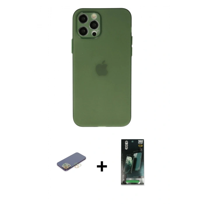 MARSİLYAN™- iPhone 12 Pro Max Kılıf Atlas Minimal Prime - Şeffaf 360 Full Body Arka Koruyucu + Renkli Kamera Lens Koruma Cam - SI