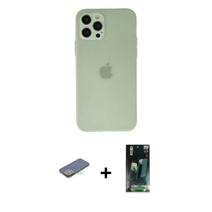 MARSİLYAN™- iPhone 12 Pro Max Kılıf Atlas Minimal Prime - Şeffaf 360 Full Body Arka Koruyucu + Renkli Kamera Lens Koruma Cam - SI