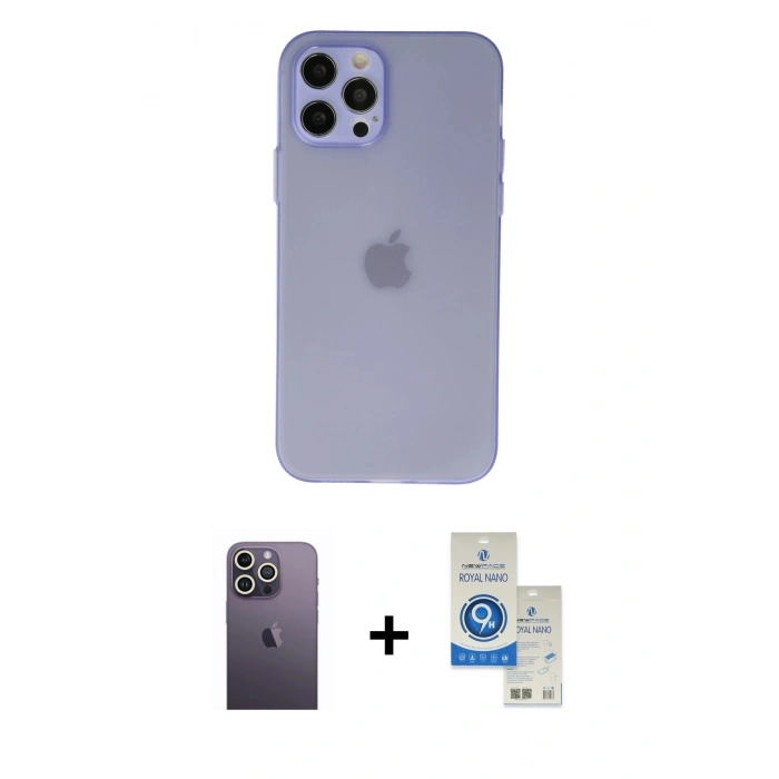 MARSİLYAN™- iPhone 12 Pro Max Kılıf Atlas Minimal Prime - Şeffaf Royal Nano Ekran Koruyucu + Neon Fosforlu Kamera Lens - BZ