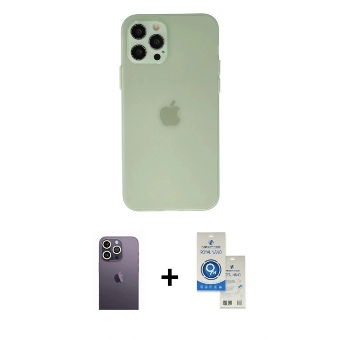 MARSİLYAN™- iPhone 12 Pro Max Kılıf Atlas Minimal Prime - Şeffaf Royal Nano Ekran Koruyucu + Neon Fosforlu Kamera Lens - BZ