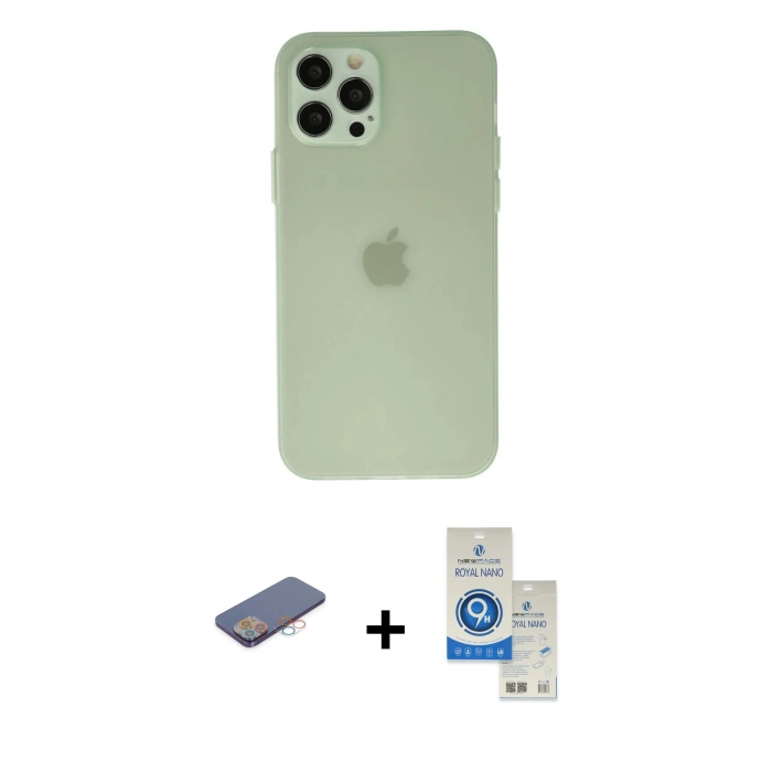 MARSİLYAN™- iPhone 12 Pro Max Kılıf Atlas Minimal Prime - Şeffaf Royal Nano Ekran Koruyucu + Renkli Kamera Lens Koruma Cam - PE