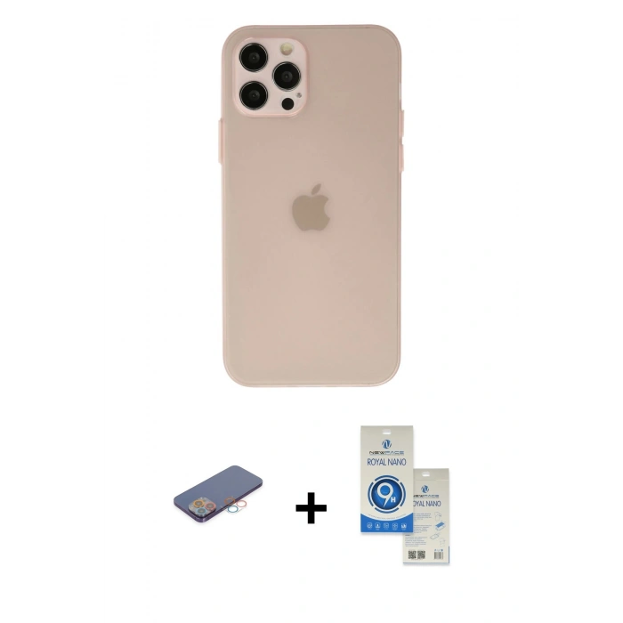 MARSİLYAN™- iPhone 12 Pro Max Kılıf Atlas Minimal Prime - Şeffaf Royal Nano Ekran Koruyucu + Renkli Kamera Lens Koruma Cam - PE