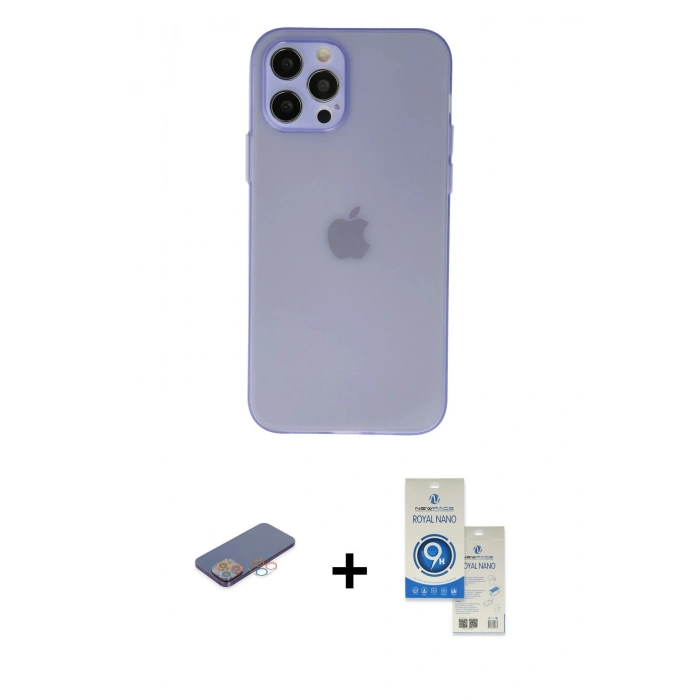 MARSİLYAN™- iPhone 12 Pro Max Kılıf Atlas Minimal Prime - Şeffaf Royal Nano Ekran Koruyucu + Renkli Kamera Lens Koruma Cam - PE