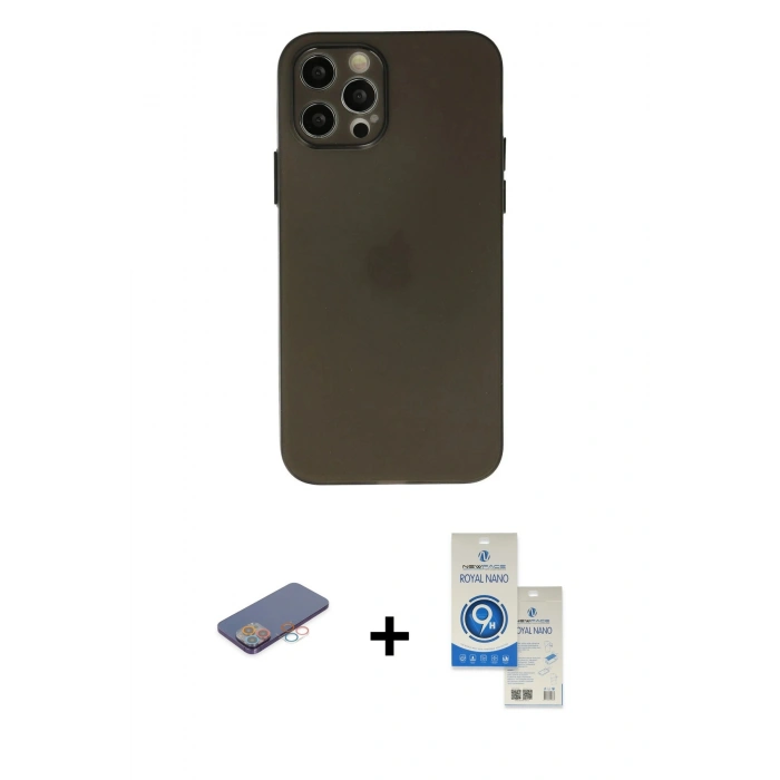 MARSİLYAN™- iPhone 12 Pro Max Kılıf Atlas Minimal Prime - Şeffaf Royal Nano Ekran Koruyucu + Renkli Kamera Lens Koruma Cam - PE