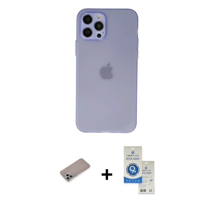 MARSİLYAN™- iPhone 12 Pro Max Kılıf Atlas Minimal Prime - Şeffaf Royal Nano Ekran Koruyucu + Sierra Blue Shine Kamera Lens Koruma Cam