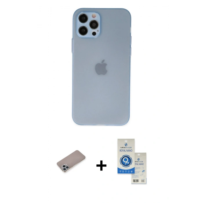 MARSİLYAN™- iPhone 12 Pro Max Kılıf Atlas Minimal Prime - Şeffaf Royal Nano Ekran Koruyucu + Sierra Blue Shine Kamera Lens Koruma Cam